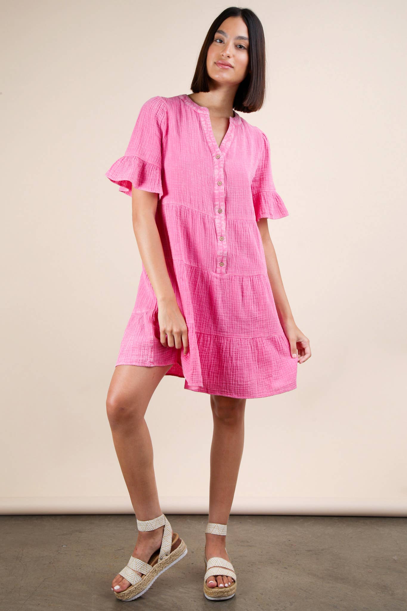 ND31579-Mineral Washed Baby Bell Sleeve Woven Mini Dress