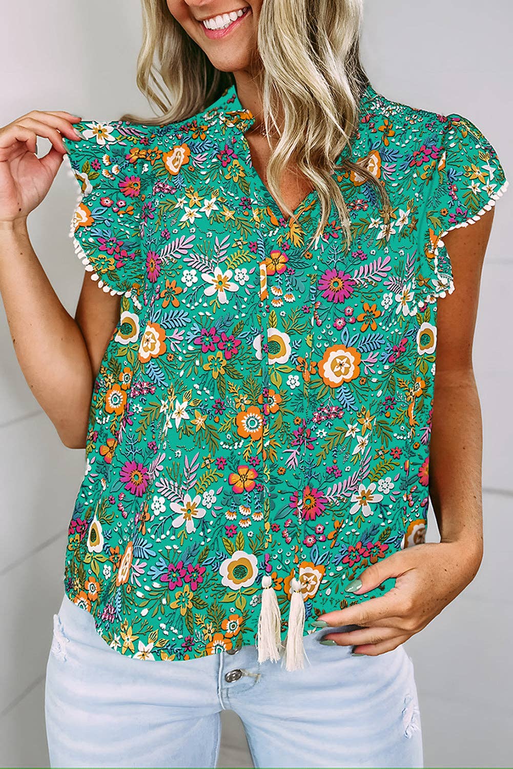 Women's Lace Trim Flutter Sleeve Tropical Floral Blouse