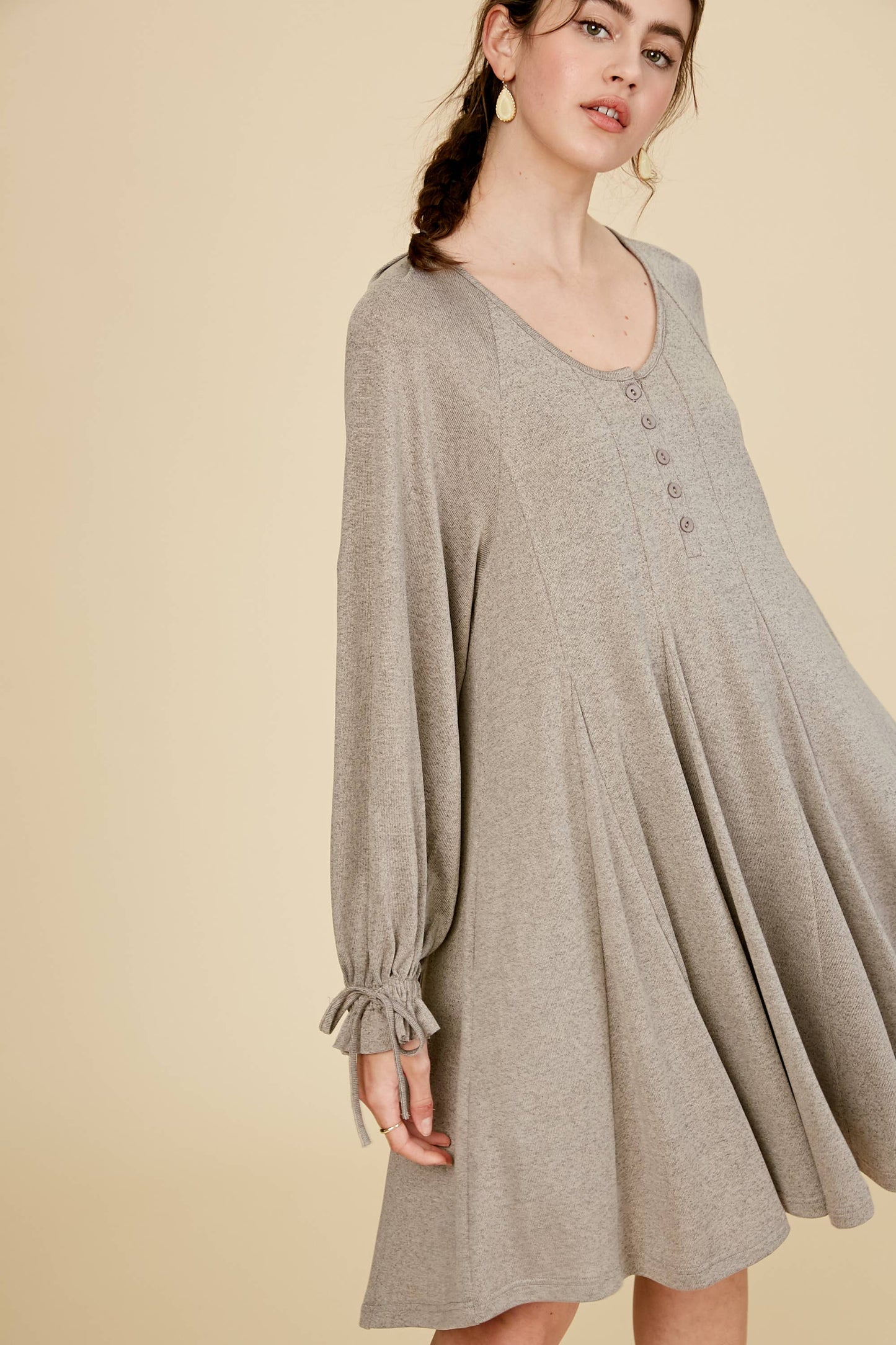 Drawstring Cuff Knit Babydoll Dress LD0804