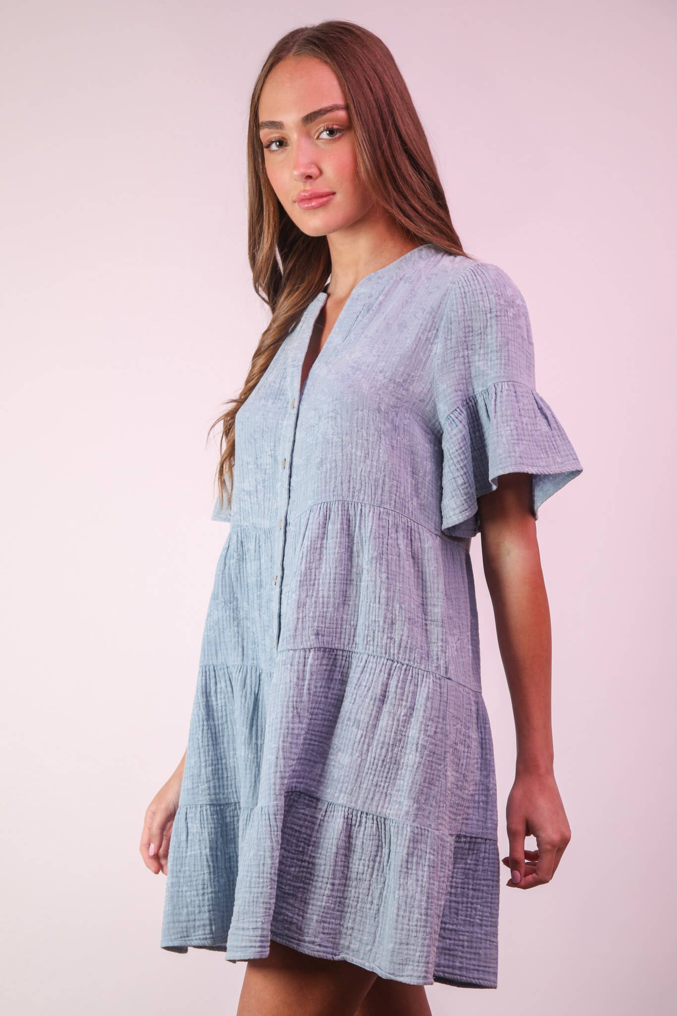 ND31579-Mineral Washed Baby Bell Sleeve Woven Mini Dress