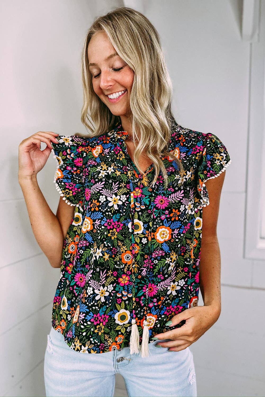 Women's Lace Trim Flutter Sleeve Tropical Floral Blouse