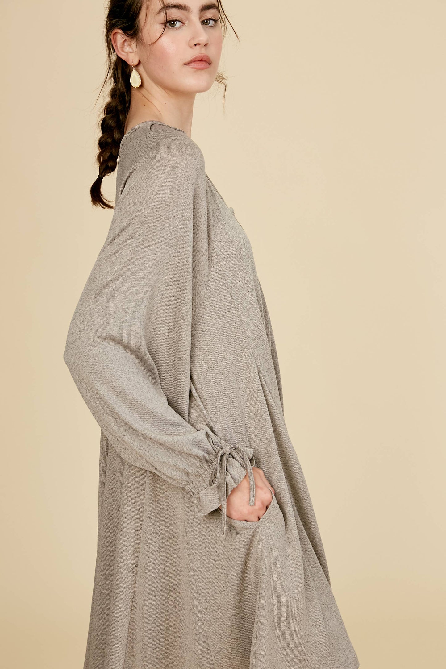 Drawstring Cuff Knit Babydoll Dress LD0804