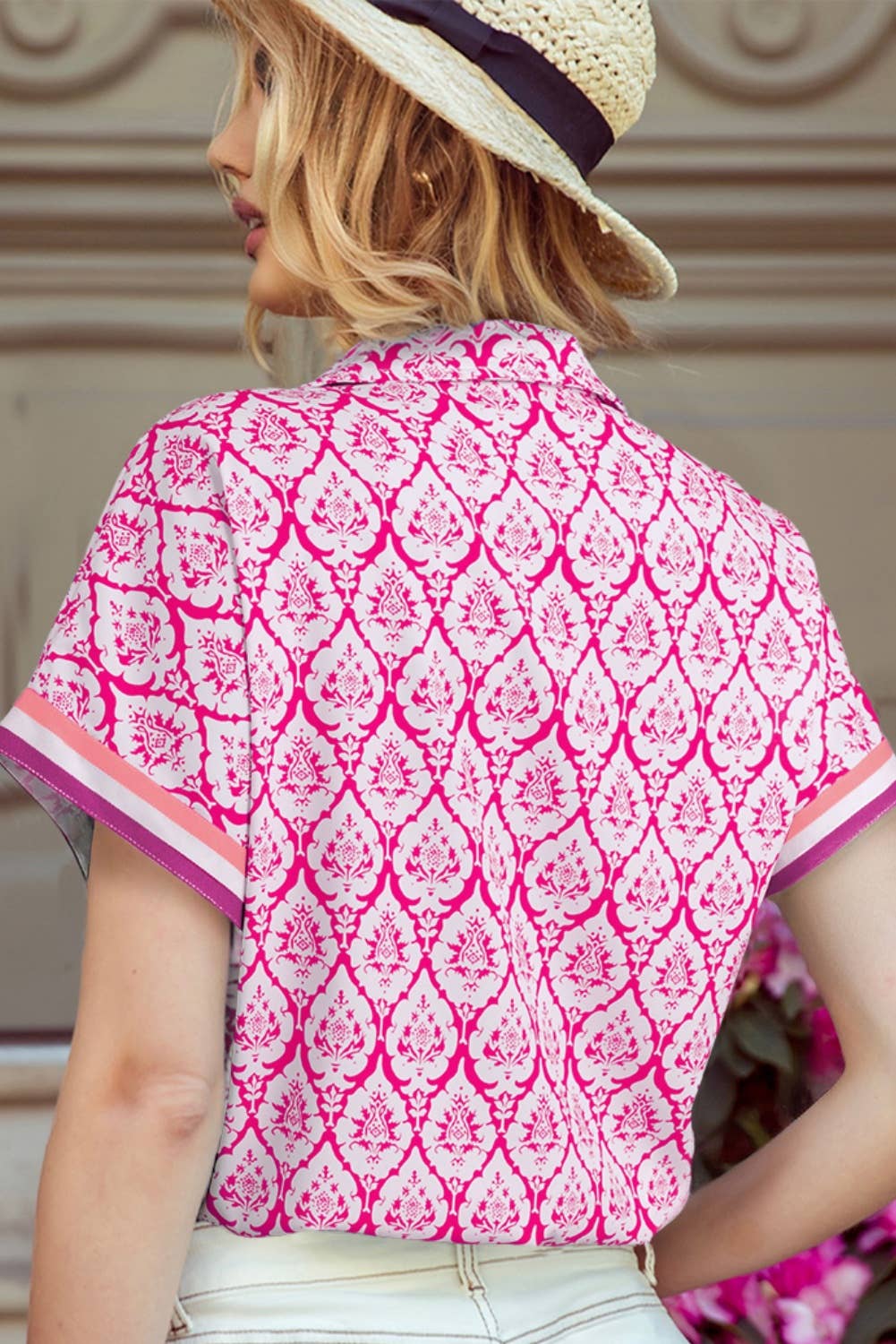 Abstract Zip Neck Contrast Short Sleeve Casual Blouse