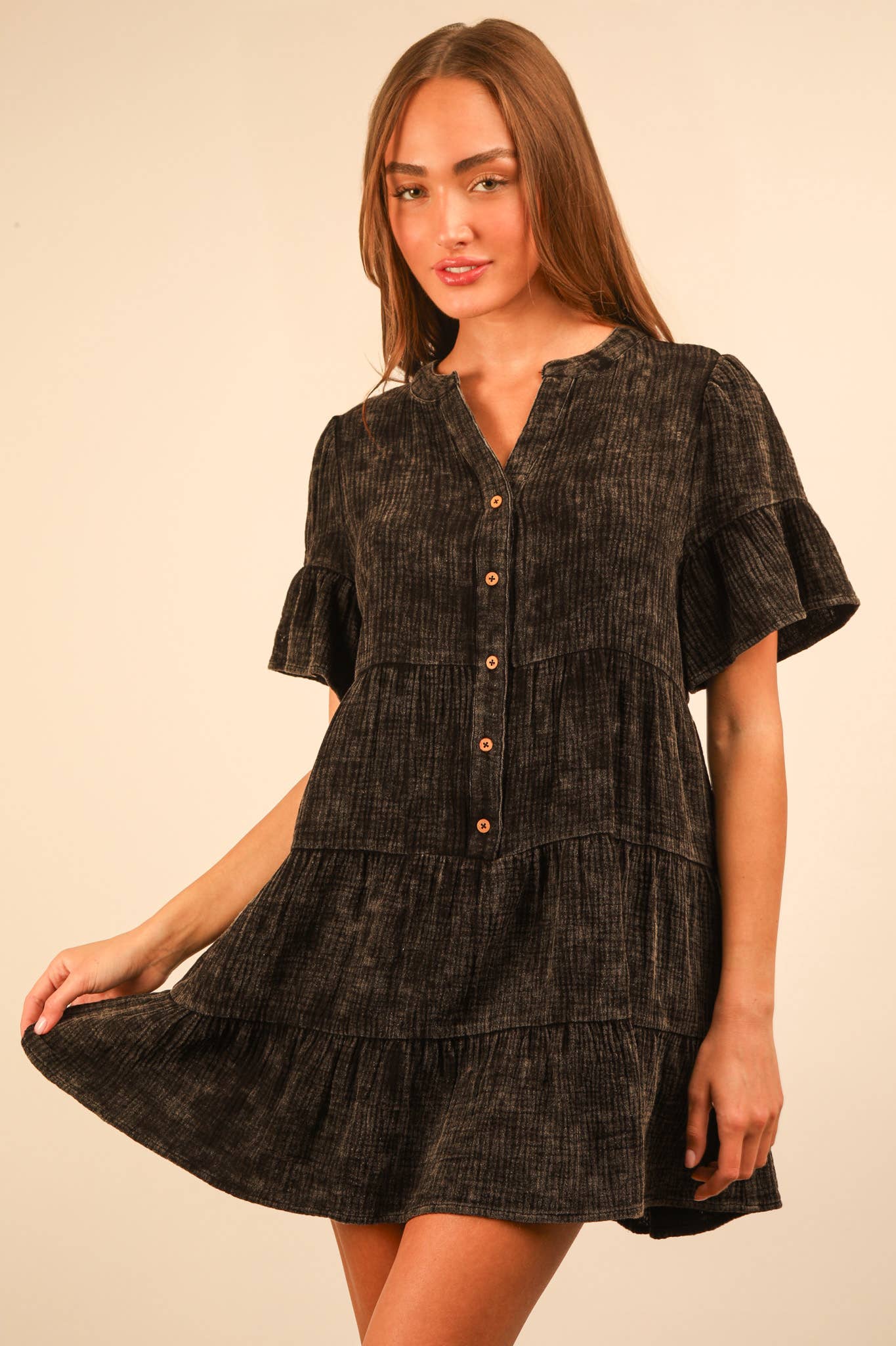 ND31579-Mineral Washed Baby Bell Sleeve Woven Mini Dress