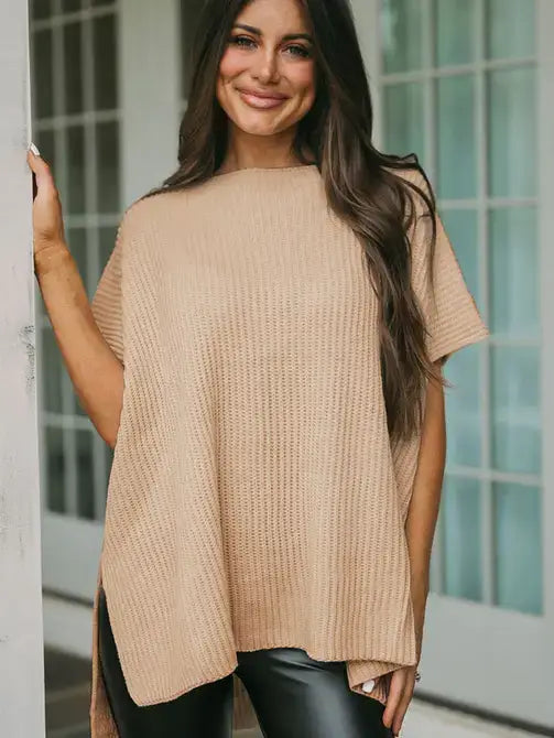 Gray Short Sleeve Side Slit Oversized Sweater