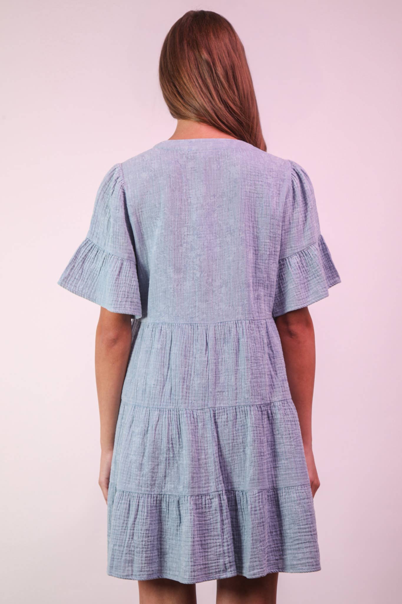 ND31579-Mineral Washed Baby Bell Sleeve Woven Mini Dress