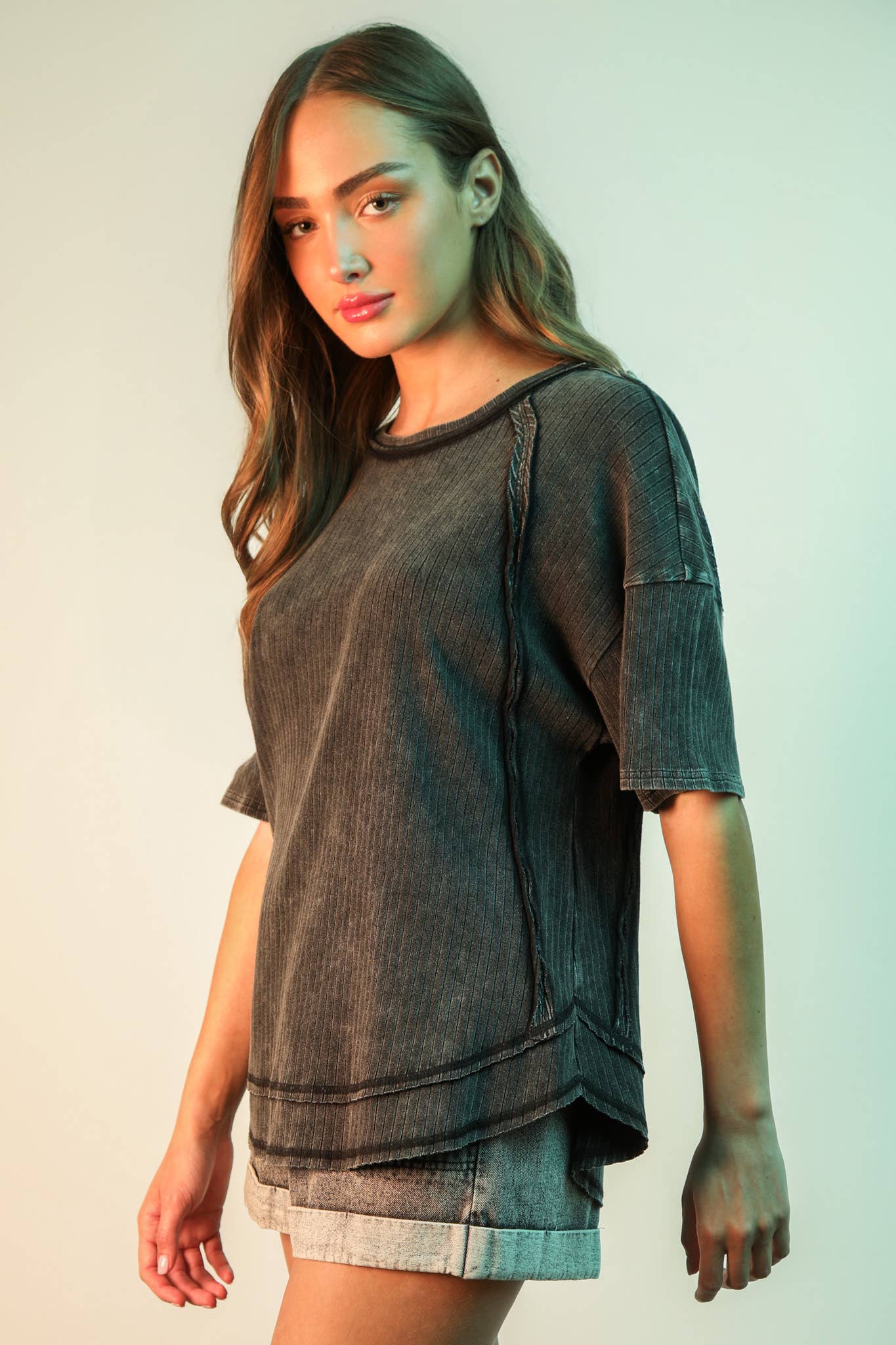NT12086X-PLUS SIZE Mineral Washed Ribbed Knit Casual Top