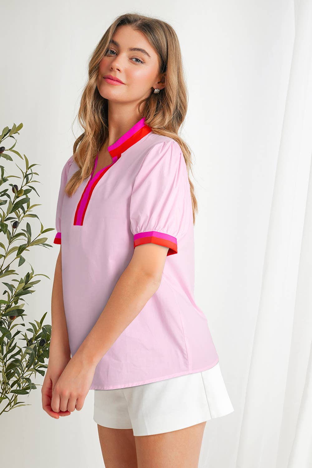 Colorblock Shift Short Sleeve V-neck blouse | S-XL