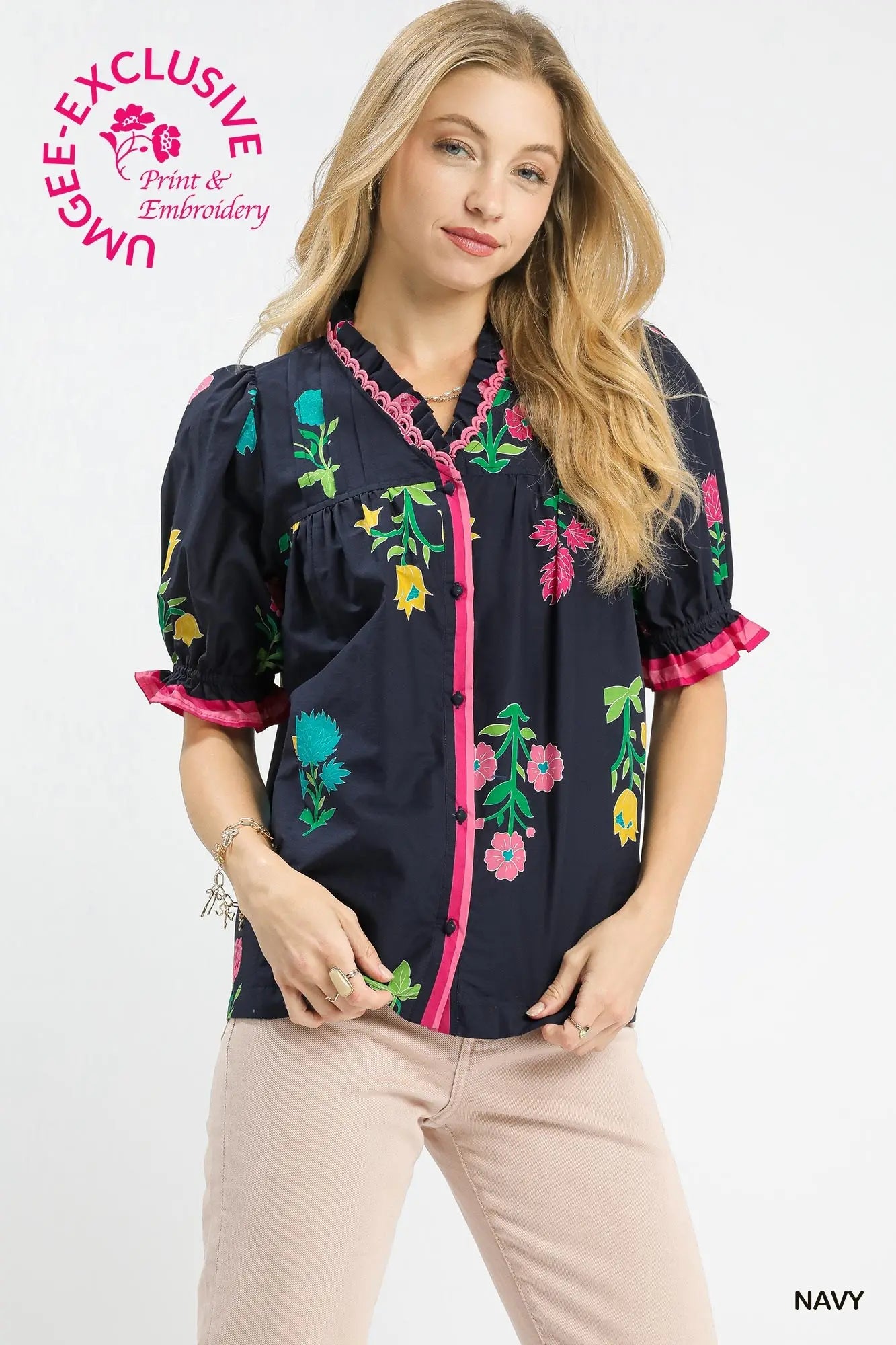 Navy Button Top