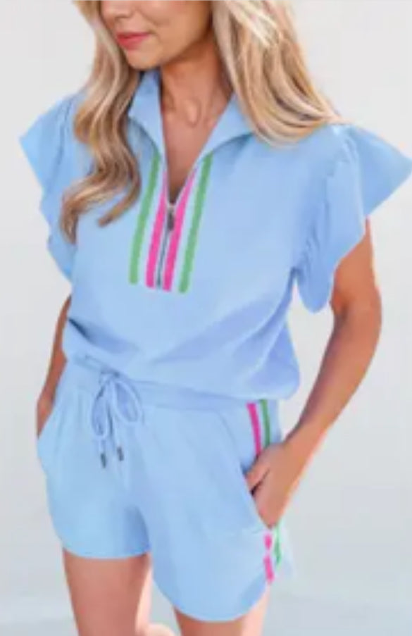 Blue Colorblock Flutter Sleeve Set