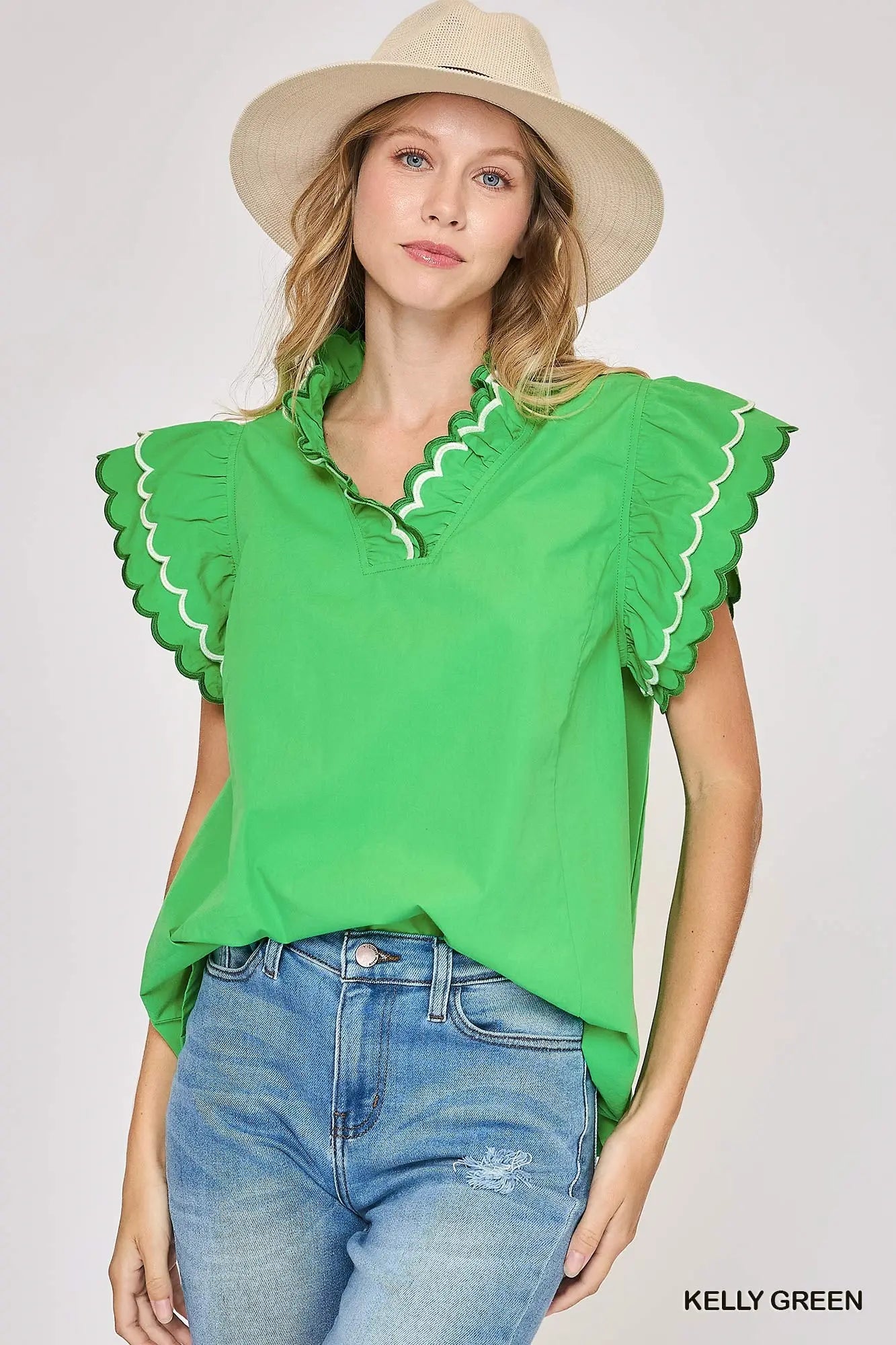 Kelly Green Puff Sleeve Ric Rac Top