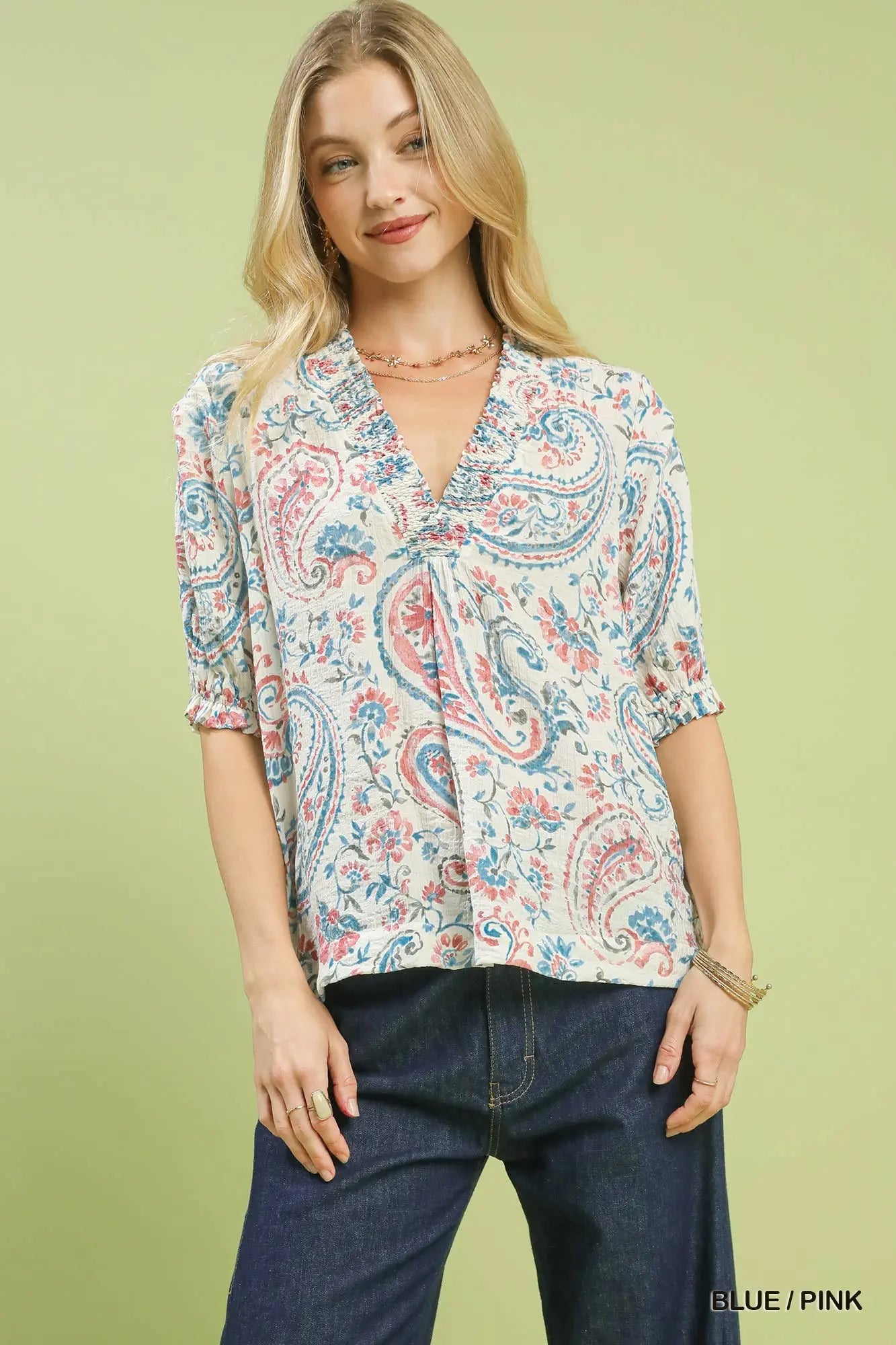 Smocked V-Neck Paisley Top