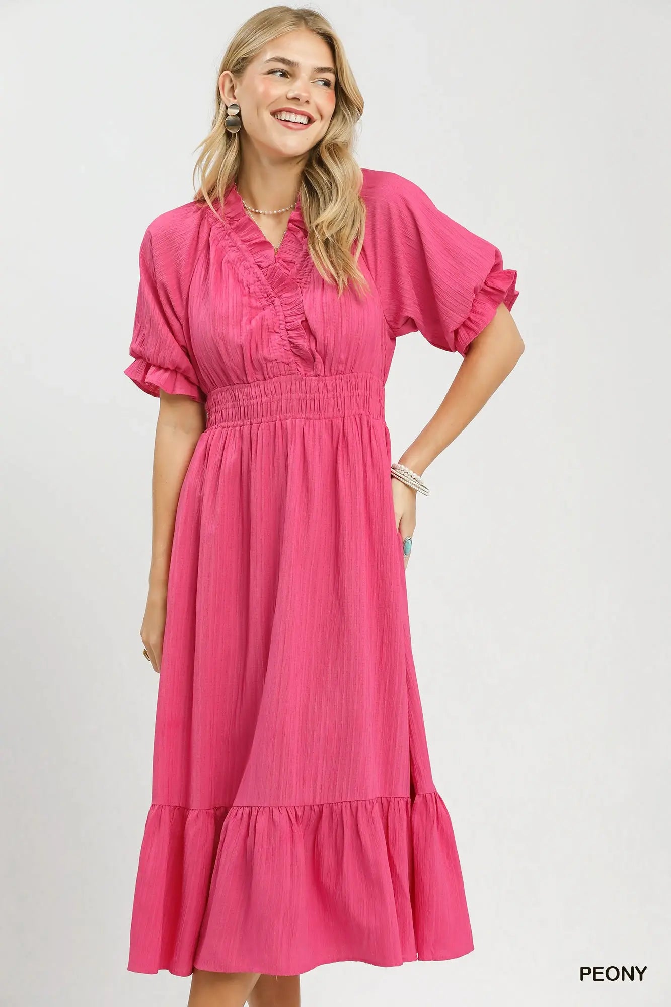 Ruffle V-Neck Midi Dress