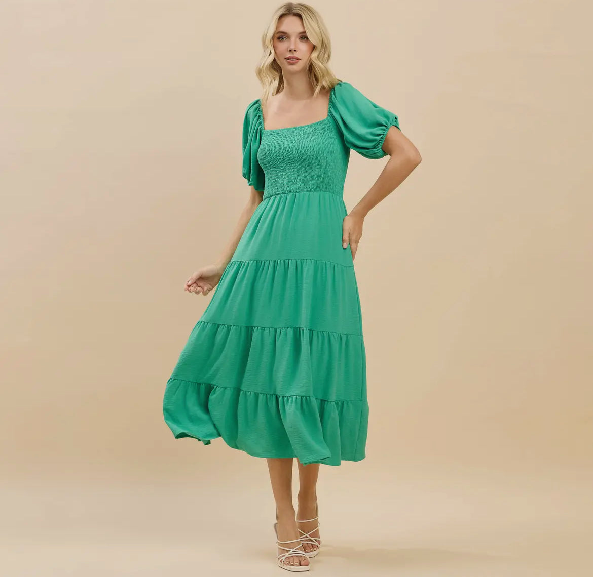 Green Smocked Midi Dress