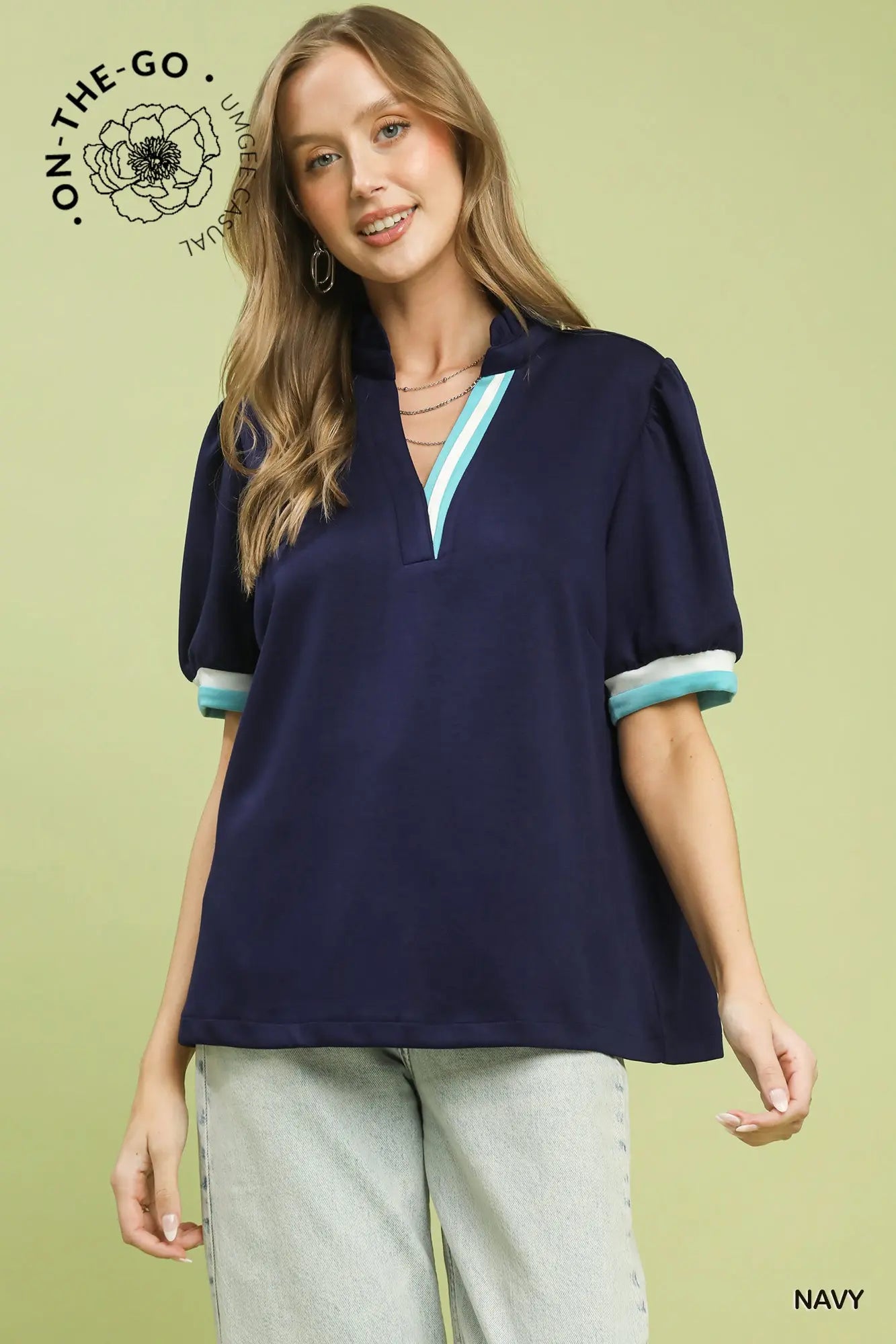 Navy Trim Puff Sleeve Top