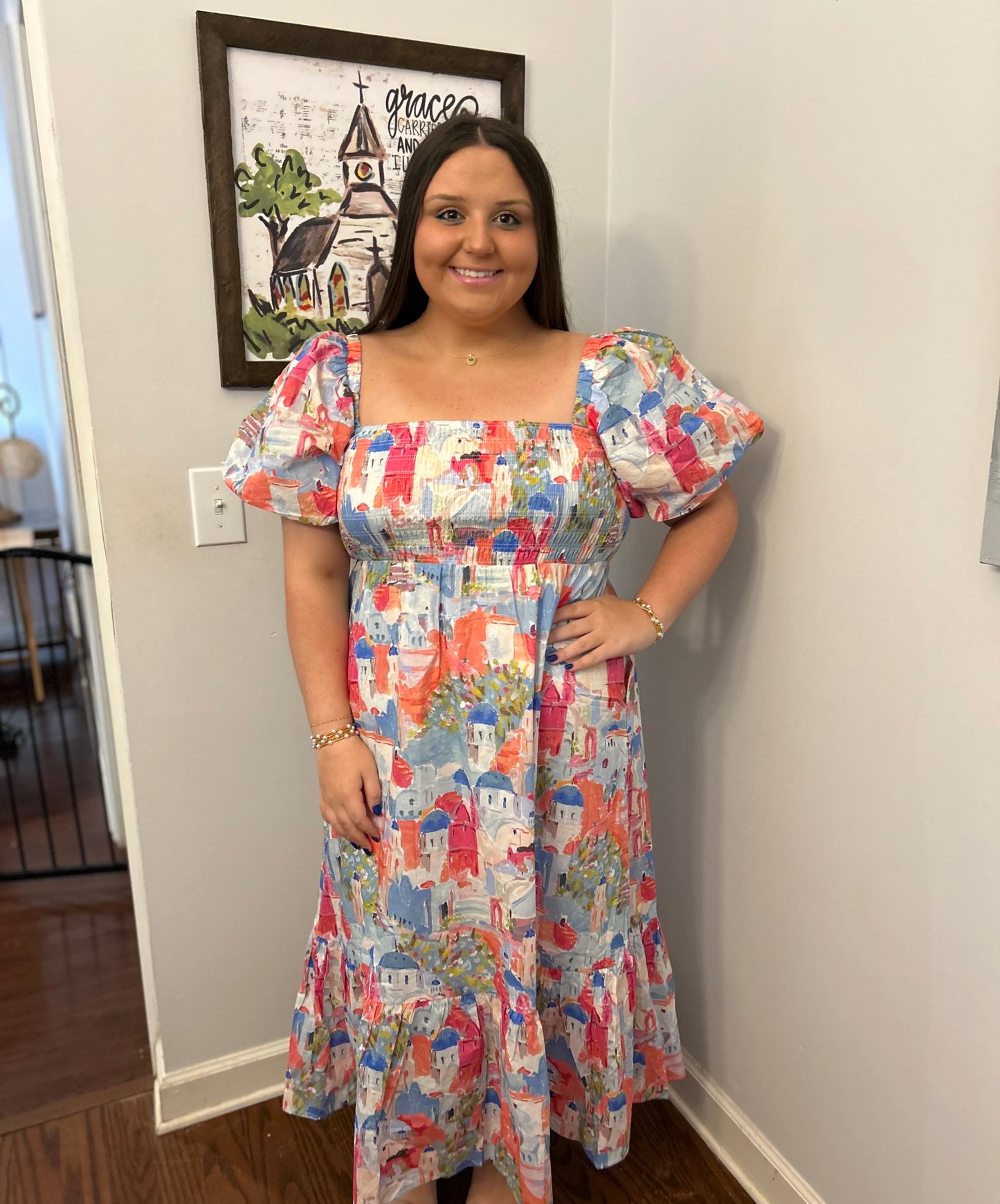 Puff Sleeve Colorful Midi Dress