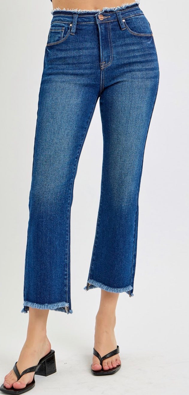 Dark Frayed High Low Jeans