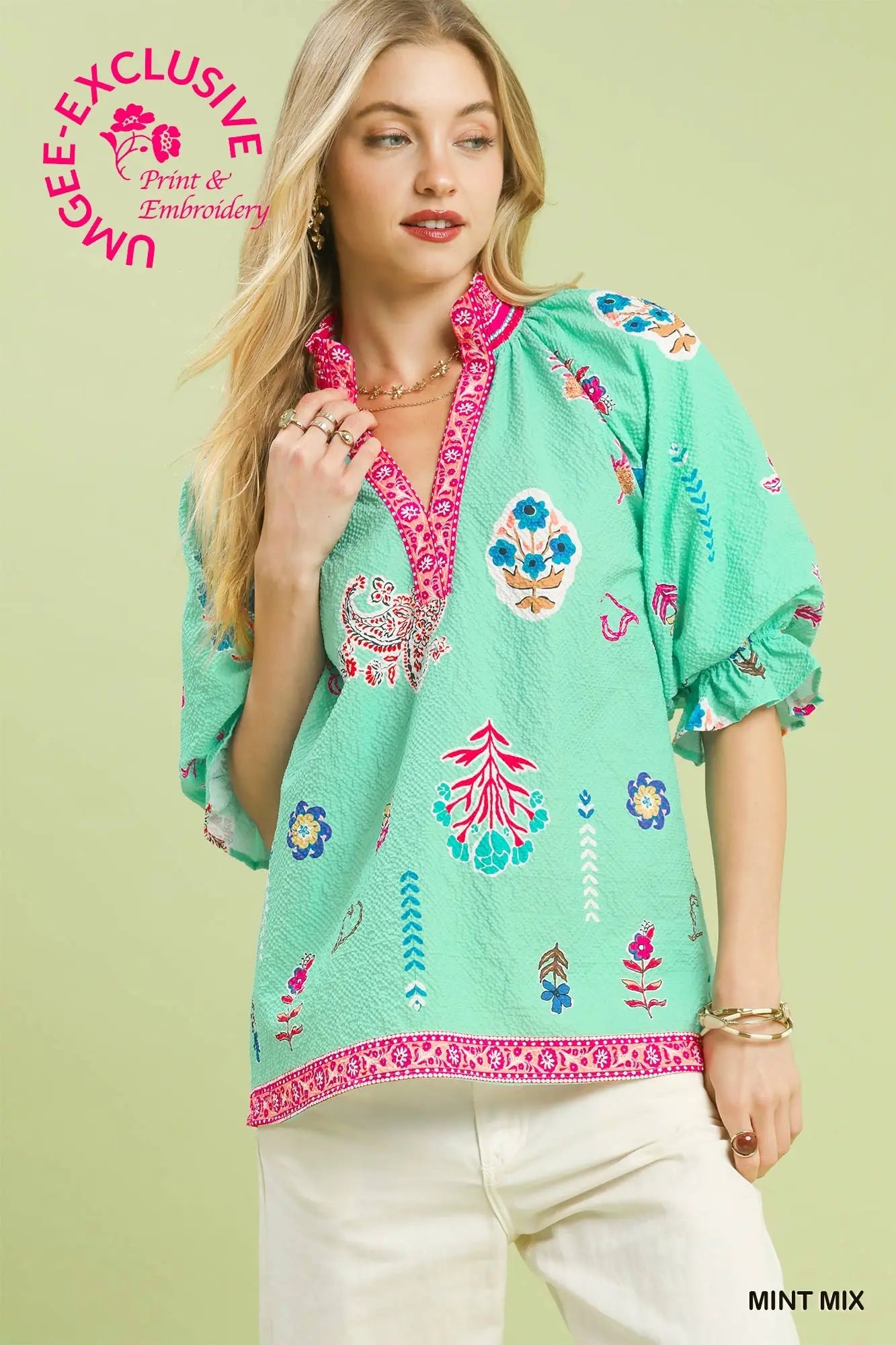 Mint Smocked Collar Top