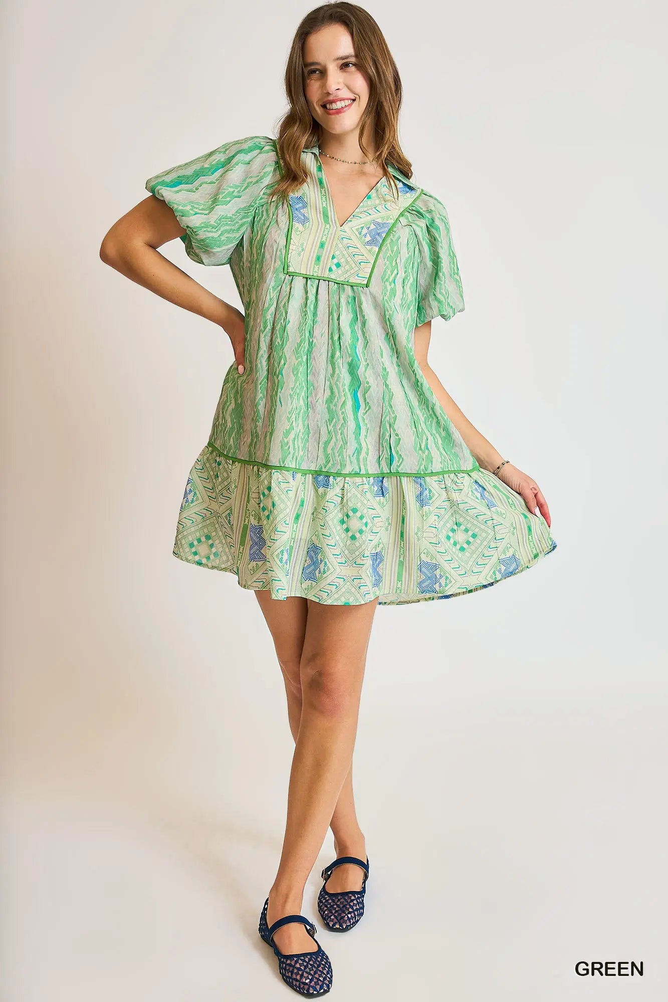 Green Pattern Tiered Dress