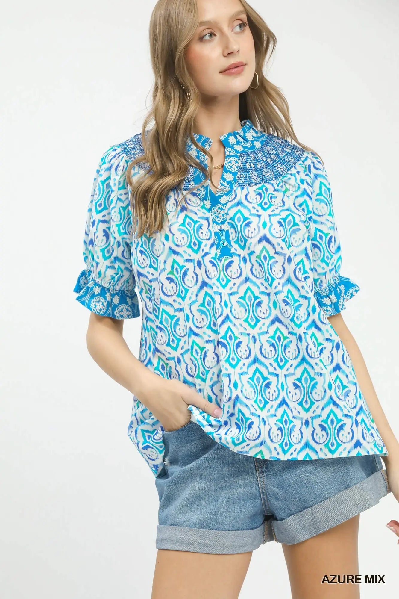 Mix Boho Puff Sleeve Smocked Top