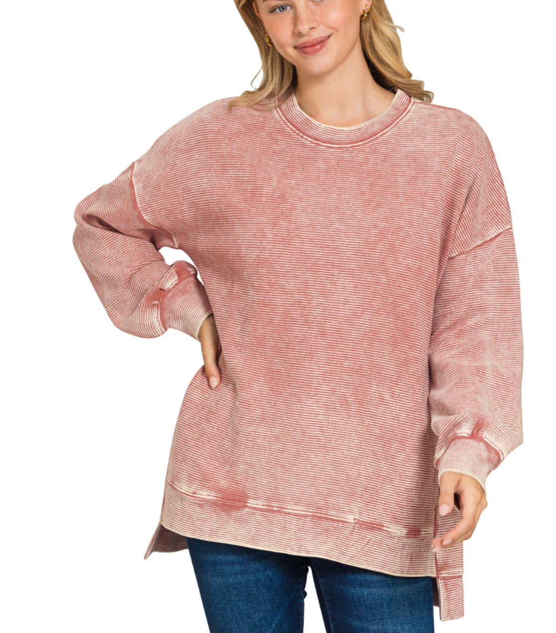 High-Low Acid Wash Pocket Pullover