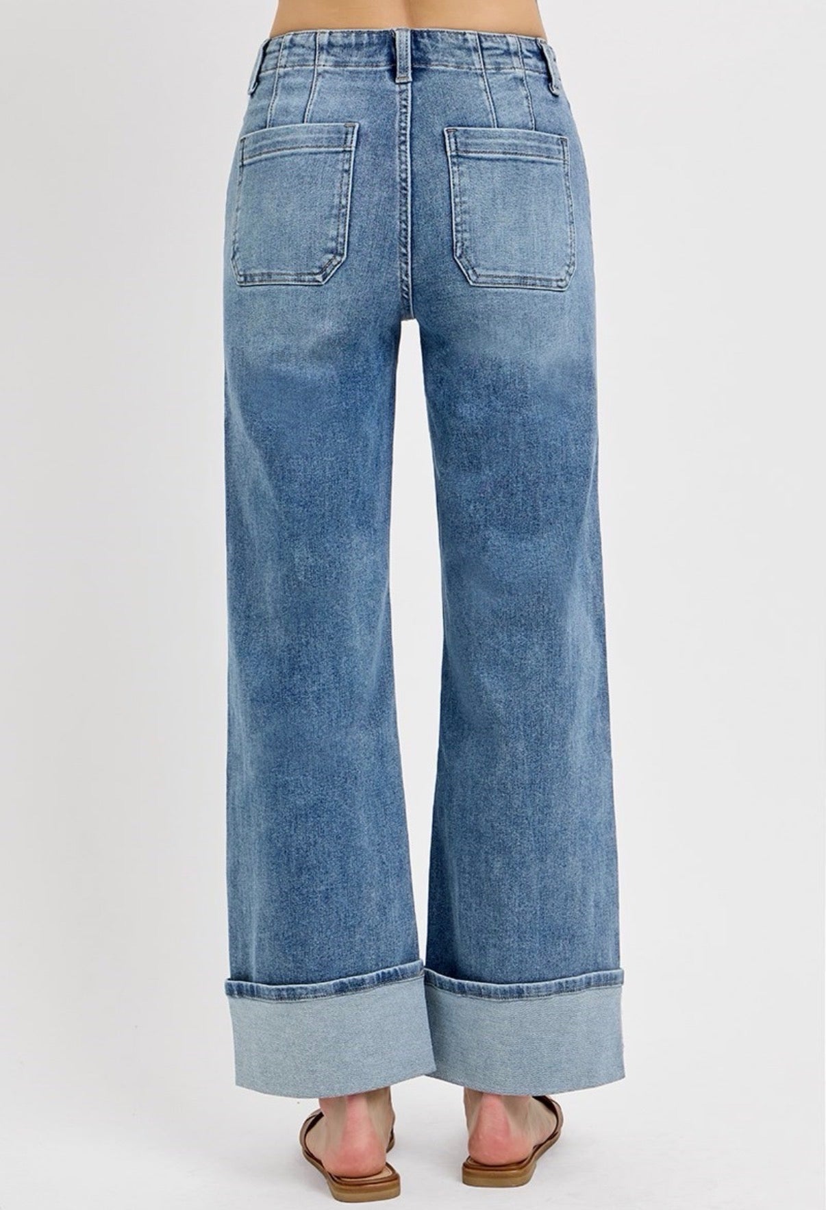 Button Down Front Patch Cuffed Jeans