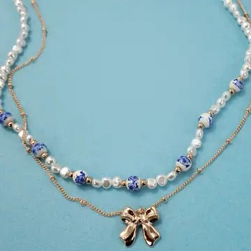 Blue and White Bow Necklace