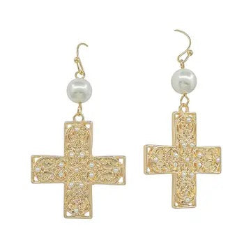Pearl Gold Cross Dangle Earrings