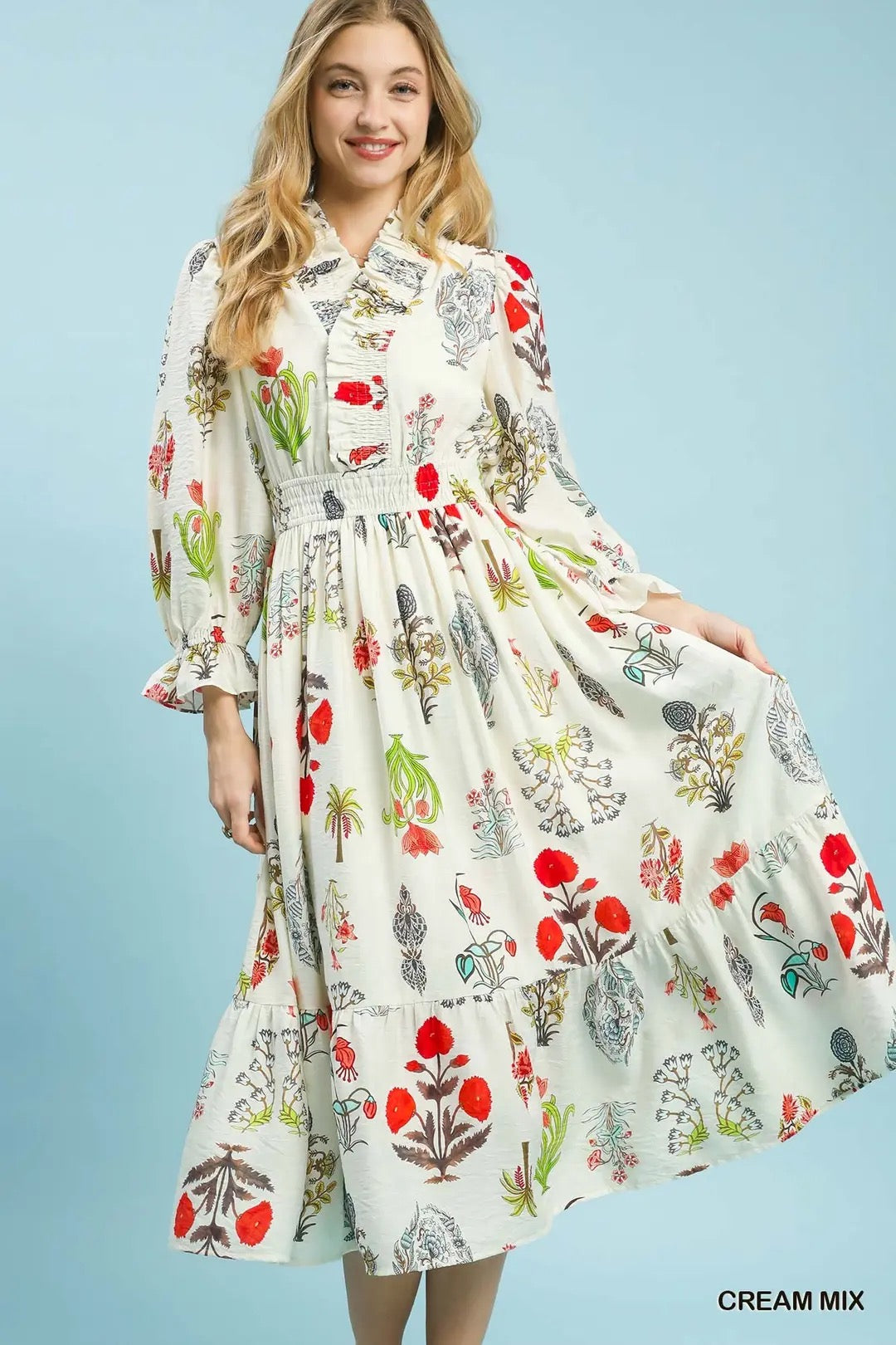 Mix Smocked Waist Floral Midi Dress
