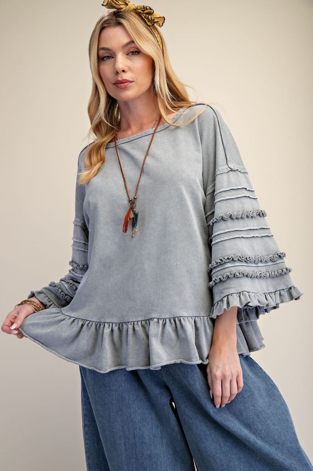 Dusty Blue Ruffle Sleeve Top