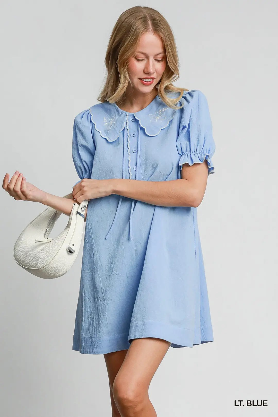Blue Embroidery Collared Dress