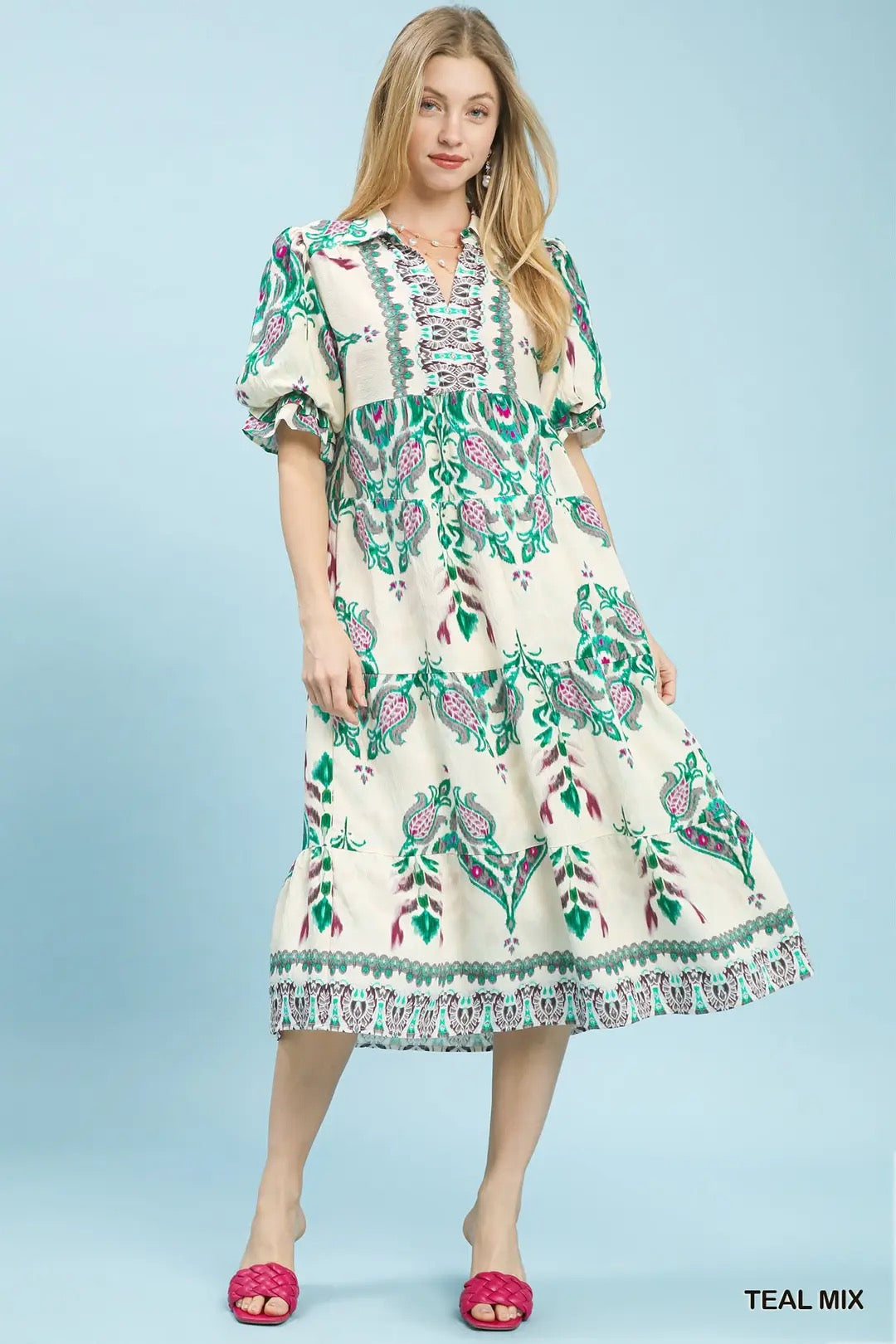 Mix Boho Tiered Midi Dress with Puff Sleeves