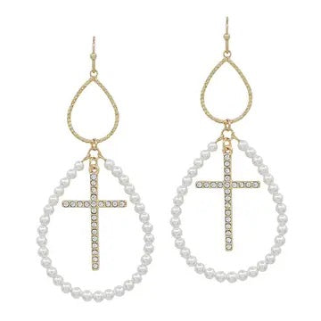 Cross Pearl Dangle Earrings