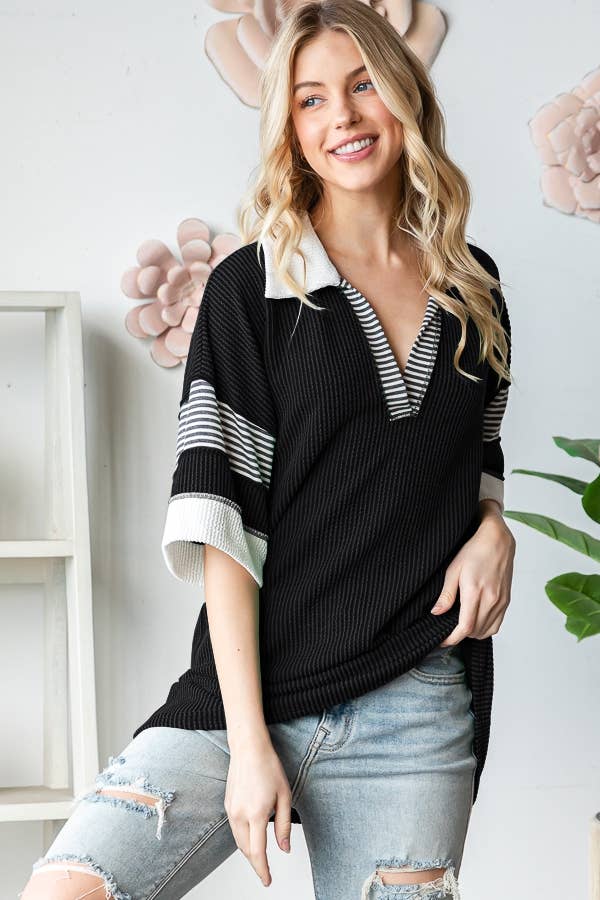 BASIC COLLAR URBAN RIBBED CONTRAST TOP