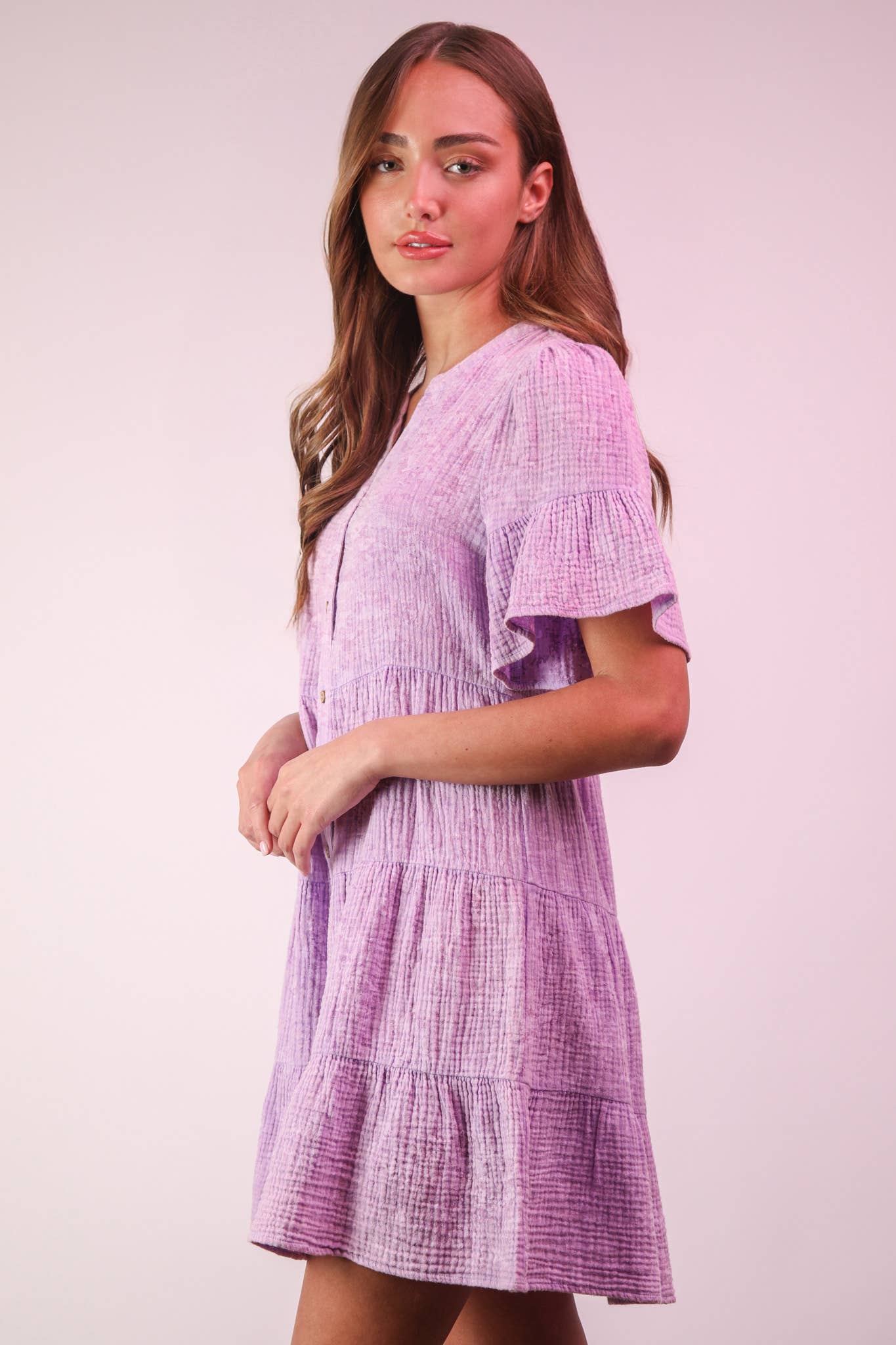 ND31579-Mineral Washed Baby Bell Sleeve Woven Mini Dress