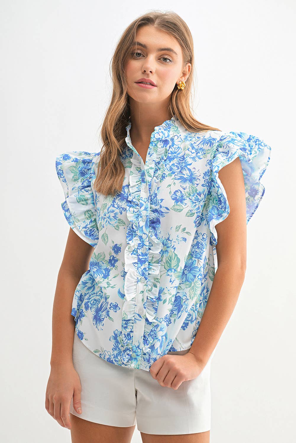 Chic Floral Print Ruffle Frilly Button Up Shirt | S-XL