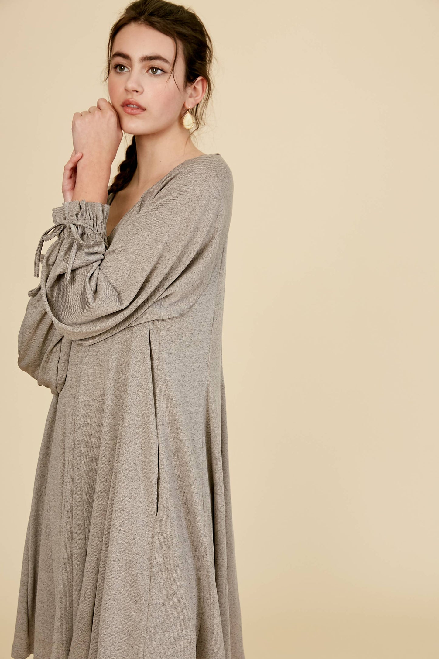 Drawstring Cuff Knit Babydoll Dress LD0804