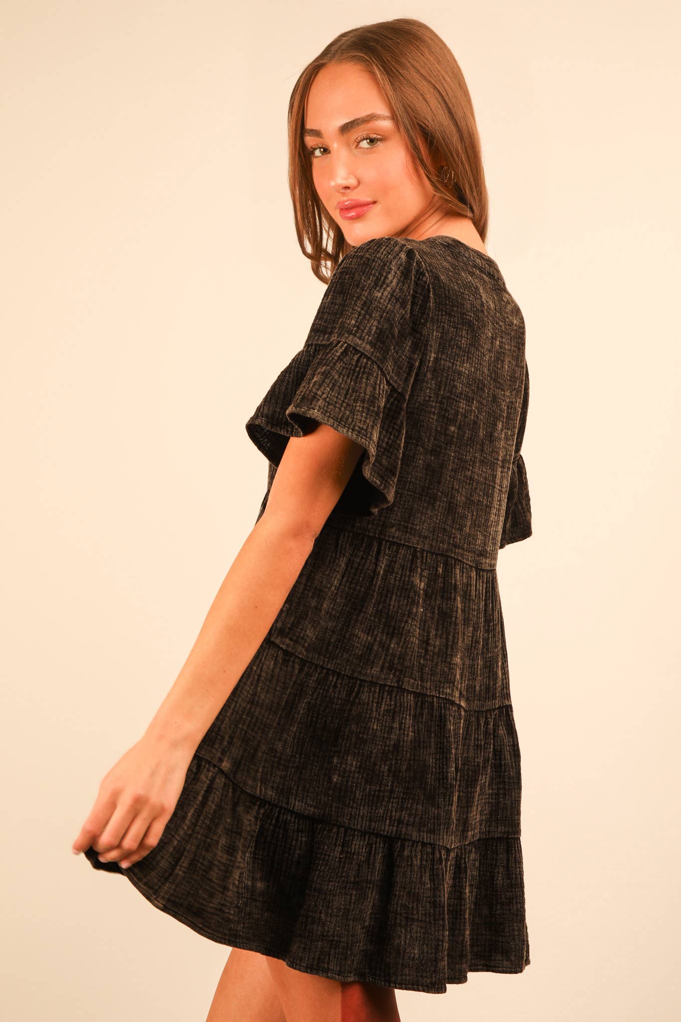 ND31579-Mineral Washed Baby Bell Sleeve Woven Mini Dress