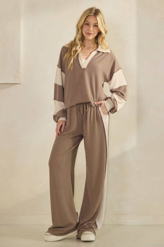 LONG SLEEVE MANDARIN COLLAR SOLID CONTRAST TOP