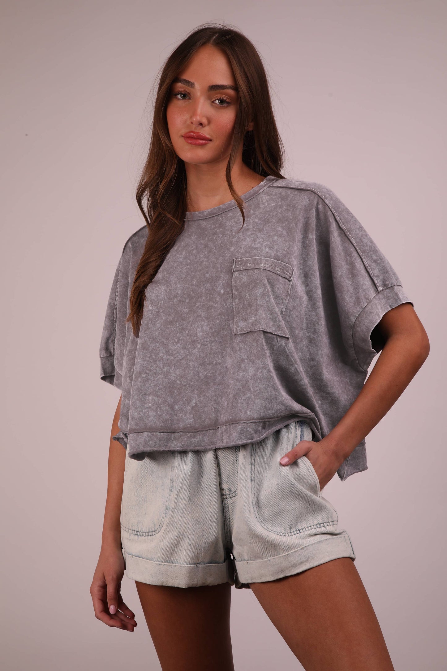 NT11429-Mineral Washed Oversized Crop Comfy Knit Top