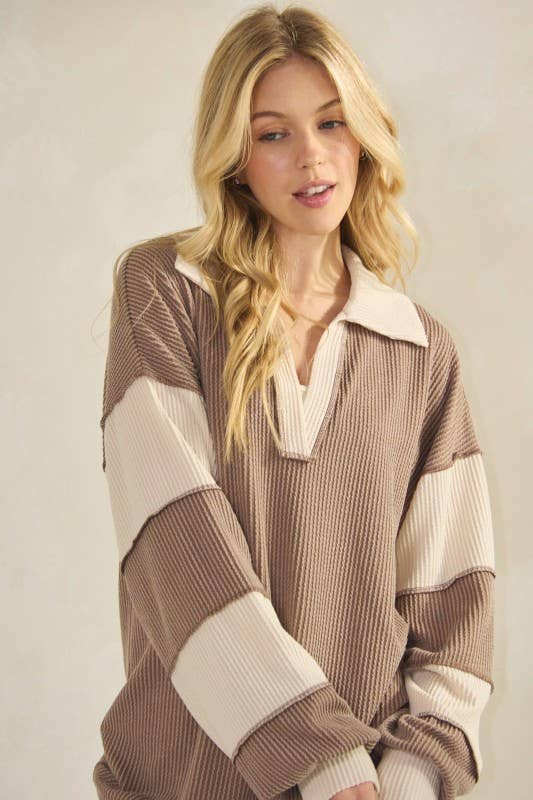 LONG SLEEVE MANDARIN COLLAR SOLID CONTRAST TOP