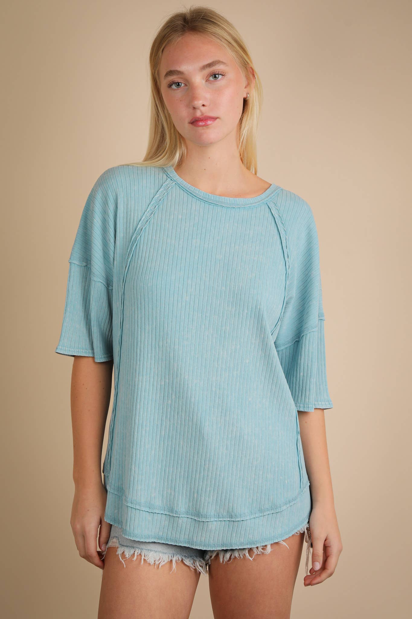 NT12086X-PLUS SIZE Mineral Washed Ribbed Knit Casual Top