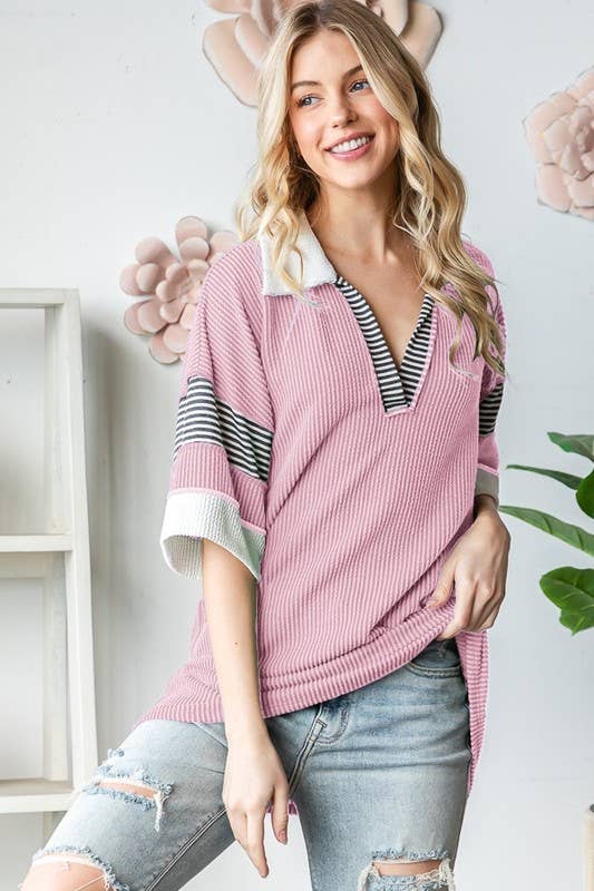BASIC COLLAR URBAN RIBBED CONTRAST TOP