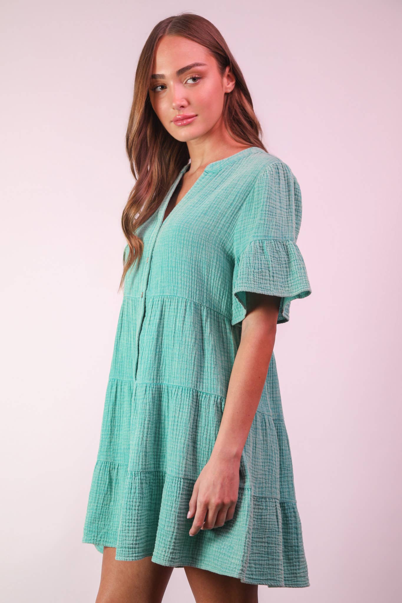 ND31579-Mineral Washed Baby Bell Sleeve Woven Mini Dress