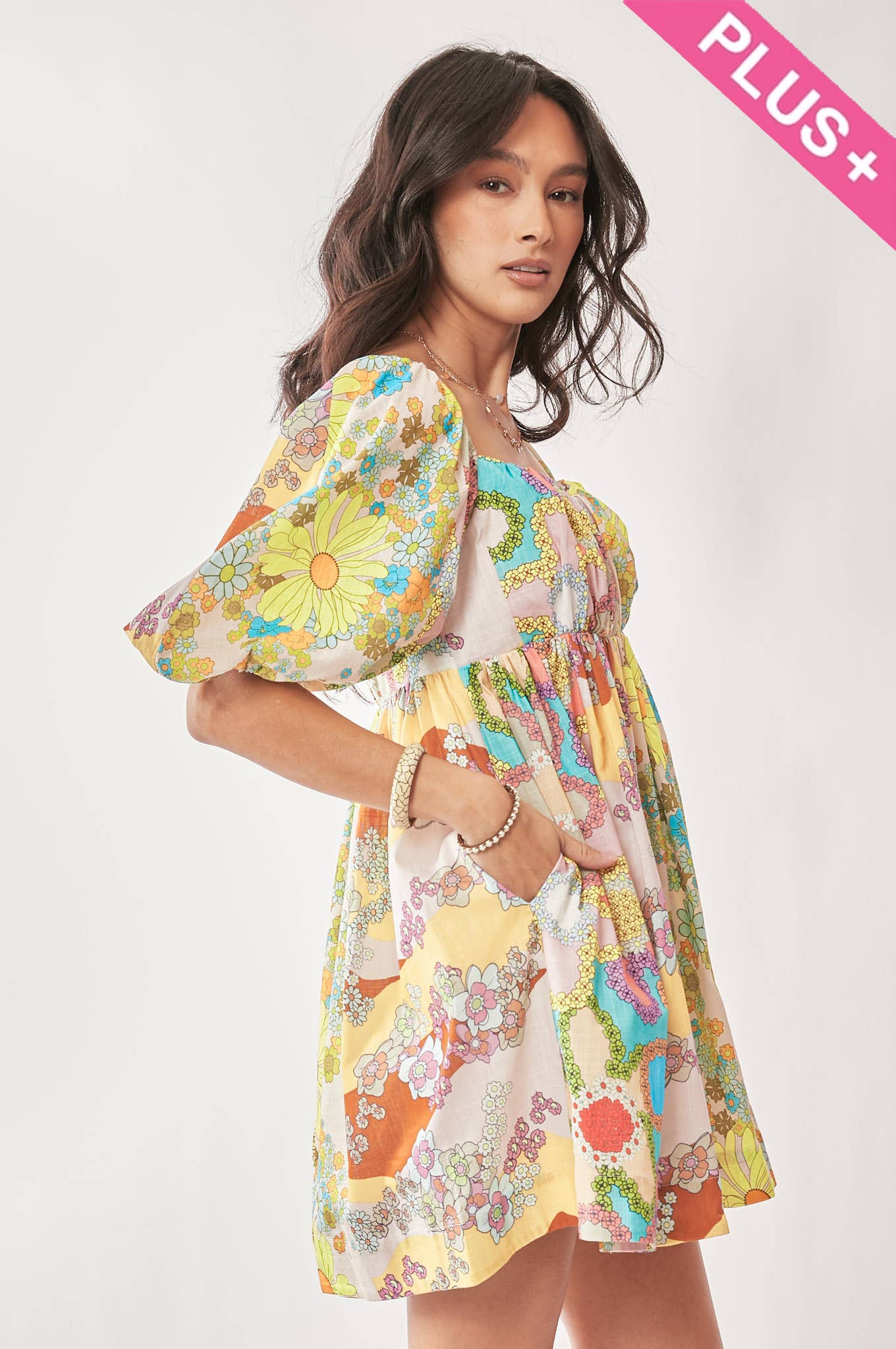 PLUS FLORAL PUFF SHORT SLEEVE BABYDOLL MINI DRESS
