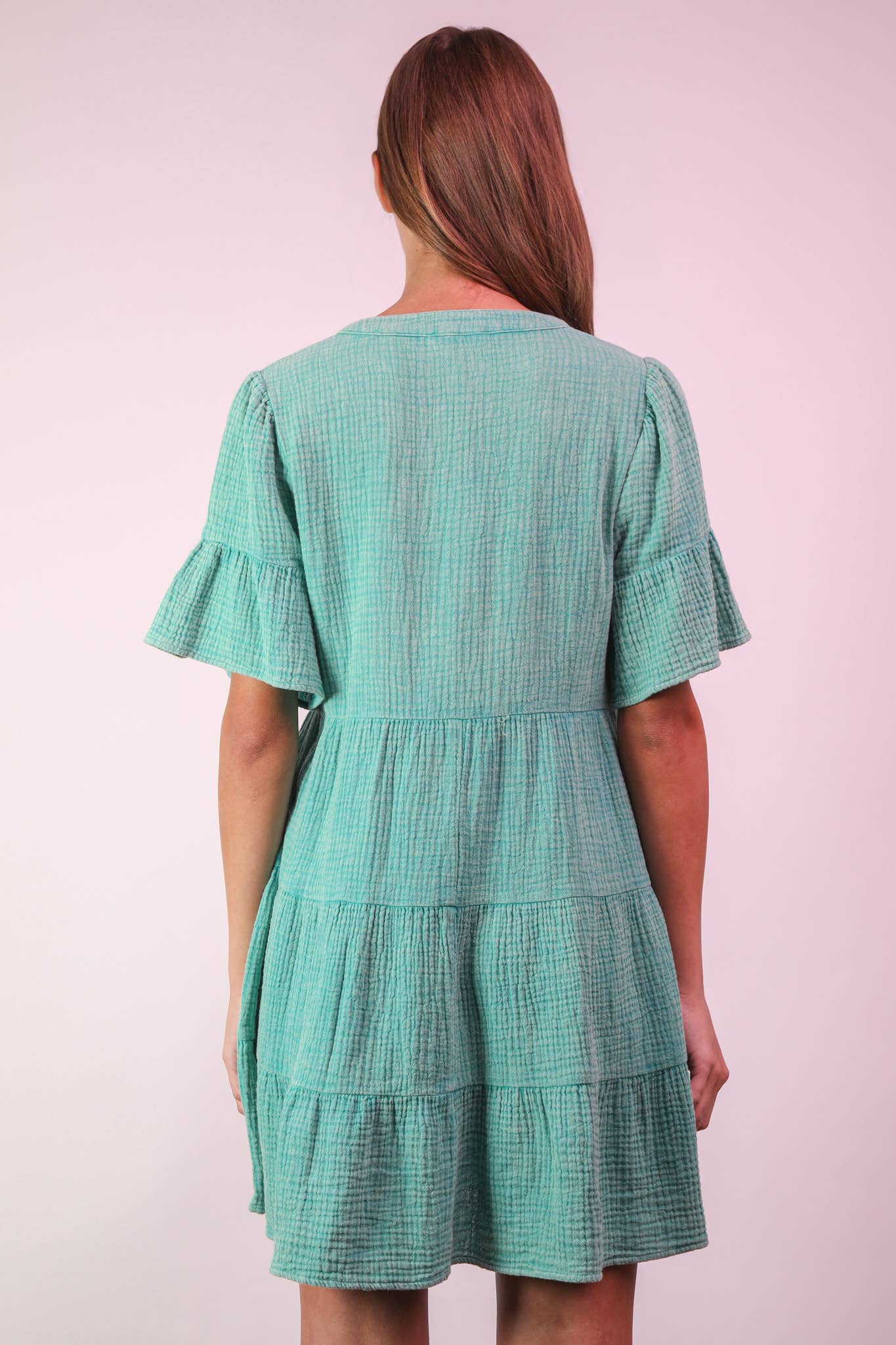 ND31579-Mineral Washed Baby Bell Sleeve Woven Mini Dress