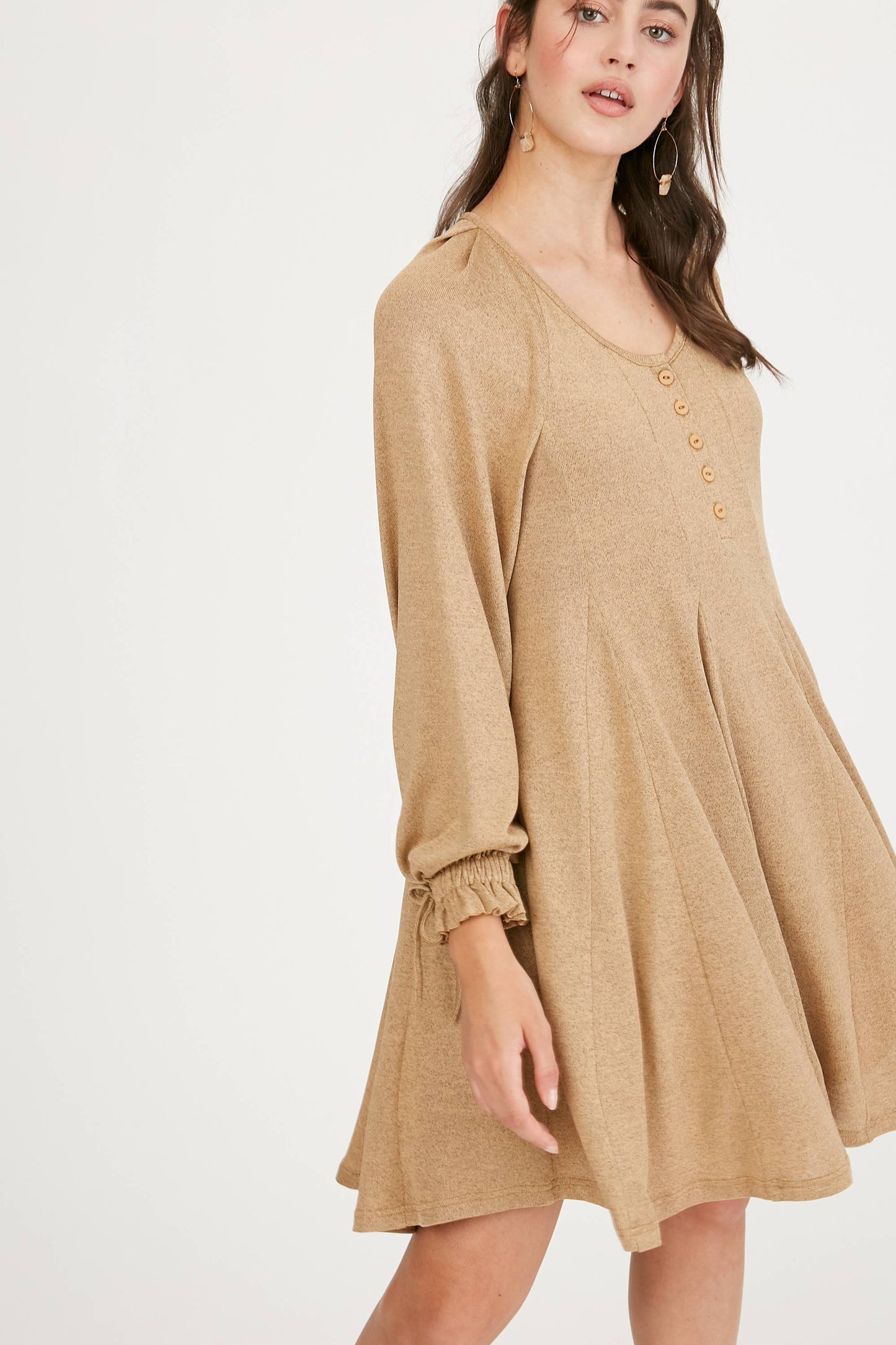 Drawstring Cuff Knit Babydoll Dress LD0804