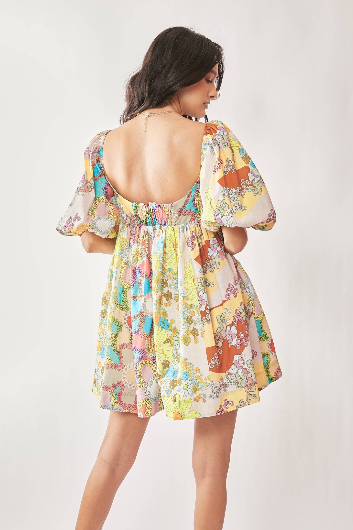 PLUS FLORAL PUFF SHORT SLEEVE BABYDOLL MINI DRESS