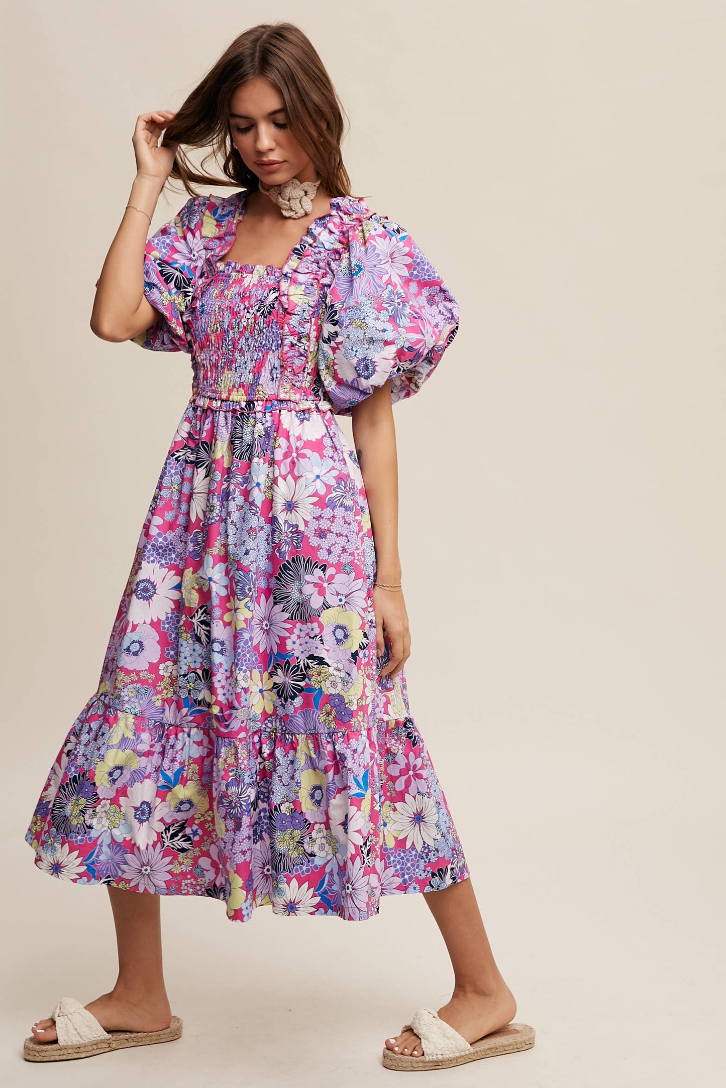 Vintage Flower Print Puff-Sleeve Midi Dress
