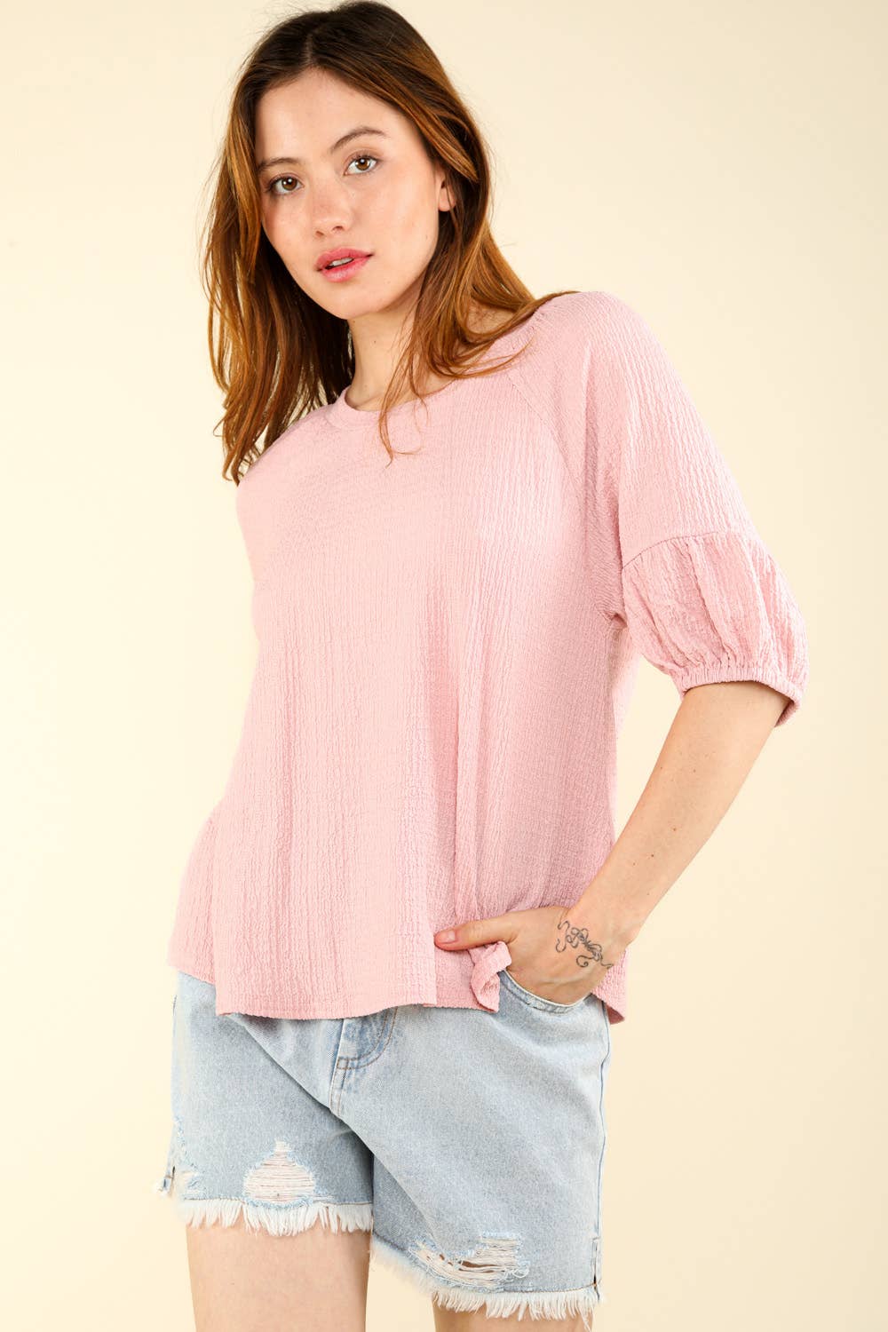 NT11467-Half Puff Sleeve Crinkle Knit Top